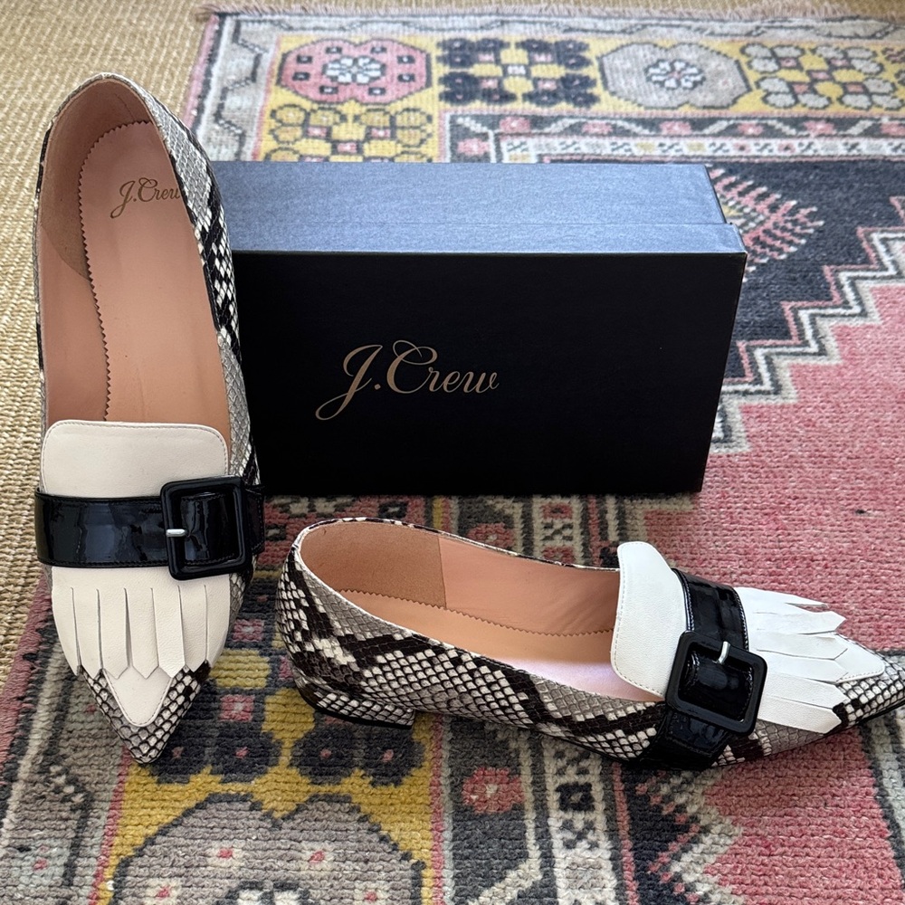 J. Crew Kiltie Snakeskin and Cream Loafers with Black Detail